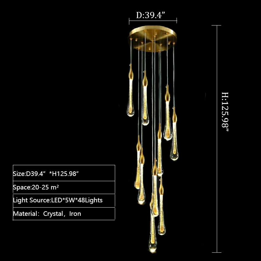 Foyer Glass Drops Pendant Chandelier Spiral Staircase High Ceiling Light Fixture In Gold Finish-MEET LIGHTING