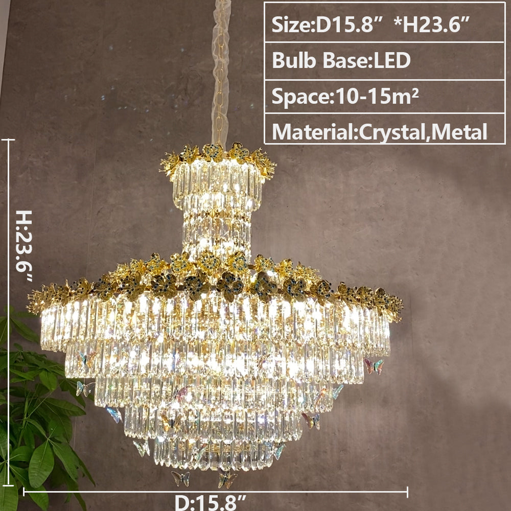 Modern Light Luxury Art Design Butterfly Multi-tiered Round Crystal Chandelier with Golden Flowers for Living Room/Staircase/Foyer-MEET LIGHTING