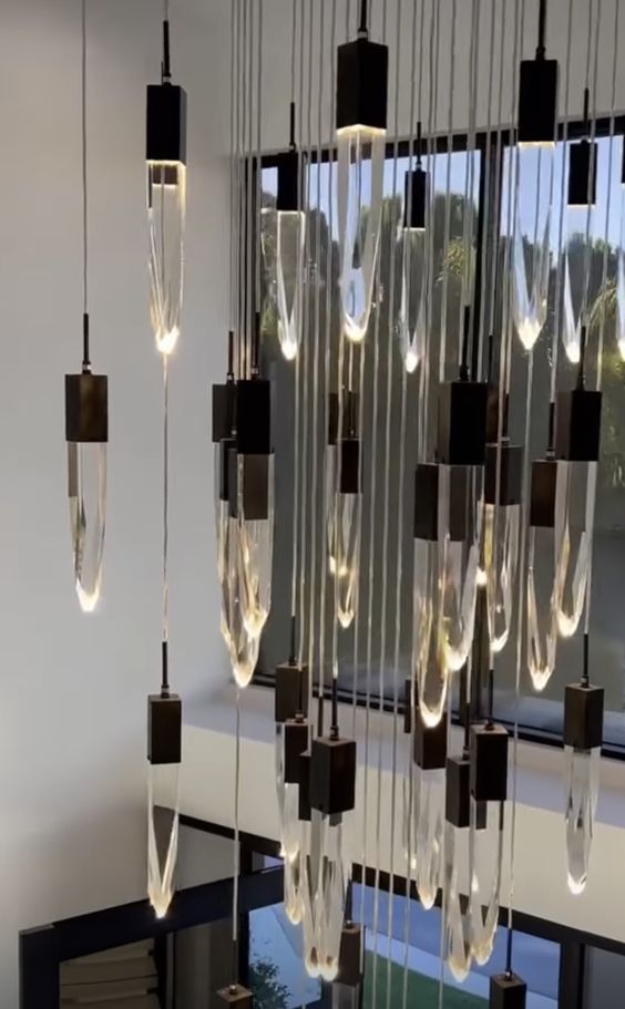 Modern Light Luxury Round/Rectangle Floating Glacier Crystal Chandelier in Black Finish for Kitchen Island/ Staircase/Living Room-MEET LIGHTING