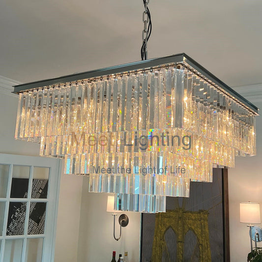 1920s Odeon 3-Layer Crystal Square Chandelier 22"