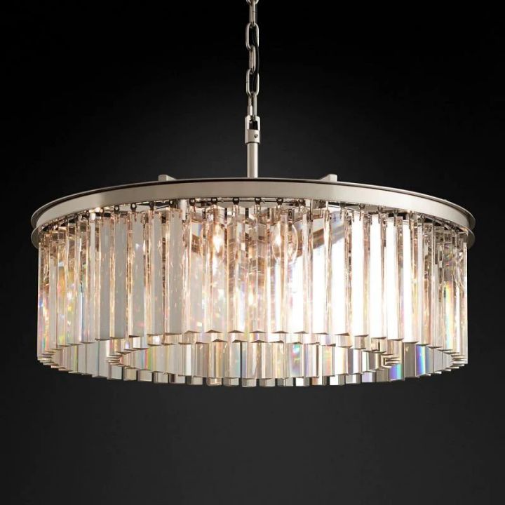 1920s Odeon Crystal Art Deco Single Round Chandelier 32"D/43"D