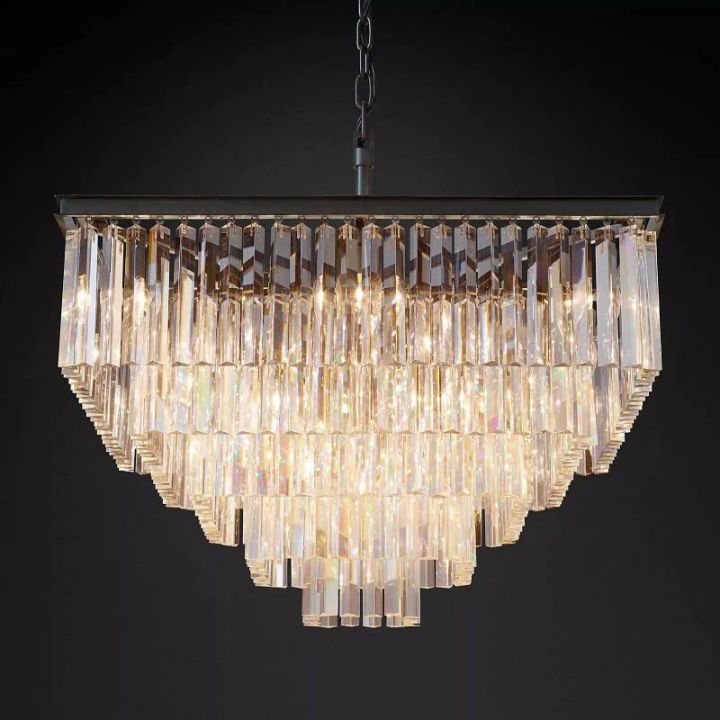 1920s Odeon Crystal Art Deco Square Chandelier 34"