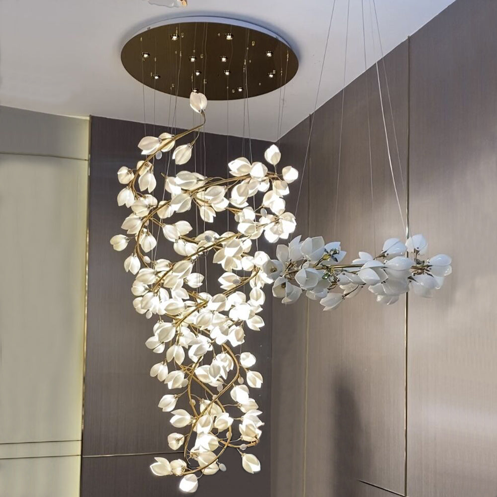 Spiral Pure White Magnolia Chandelier with Golden Branches for Staircase/High-ceiling Space/Foyer/ Duplex-MEET LIGHTING