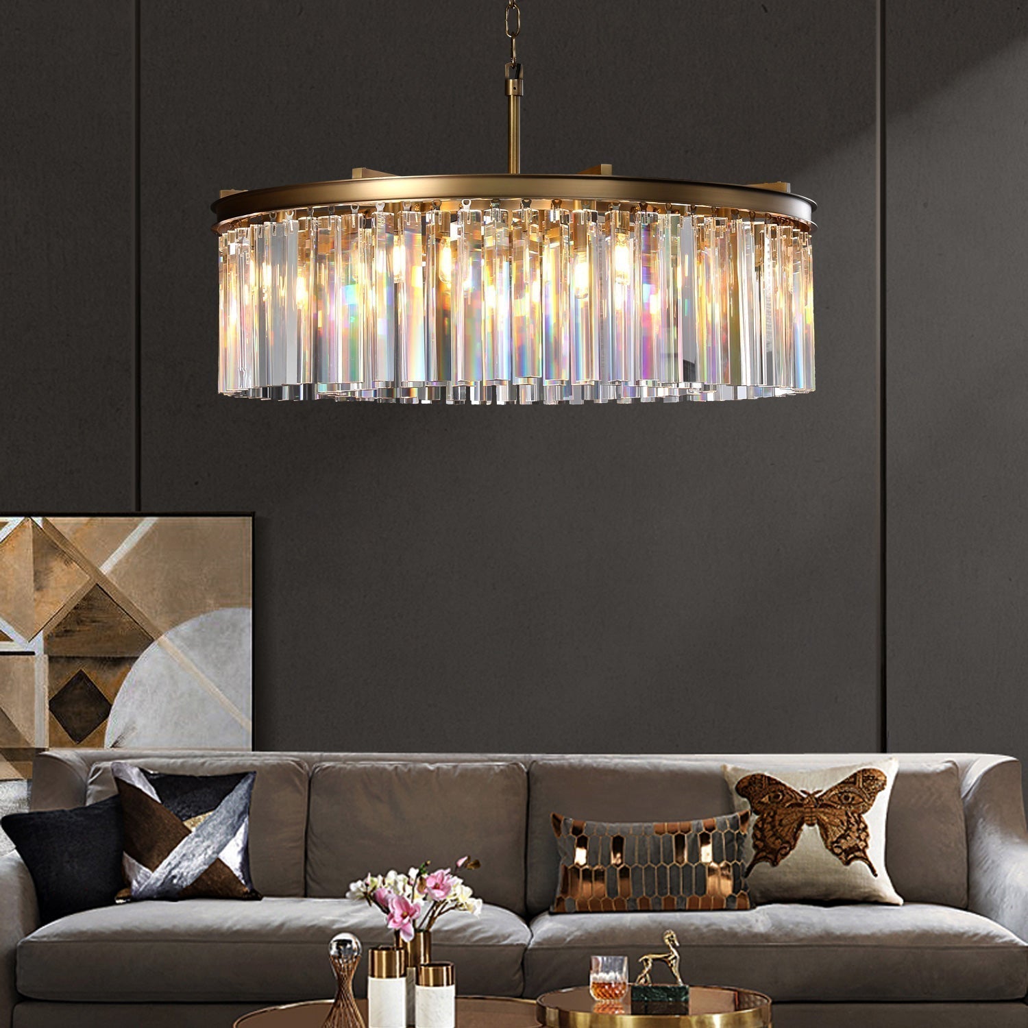Rhys Round Chandelier 43", Crystal Prism