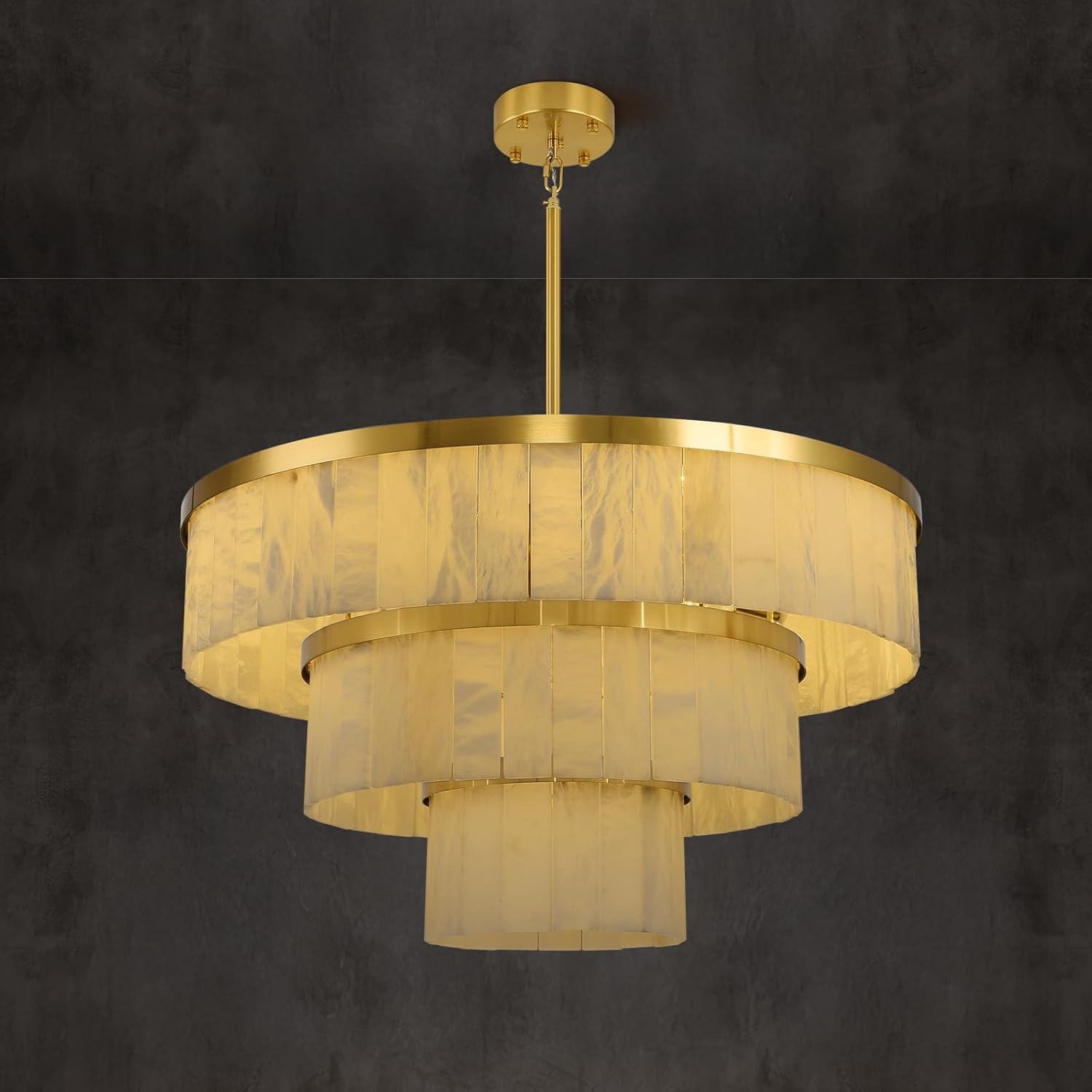 Modern 3-Tier Round Alabaster Chandelier-Gold 34"D by Meetlighting