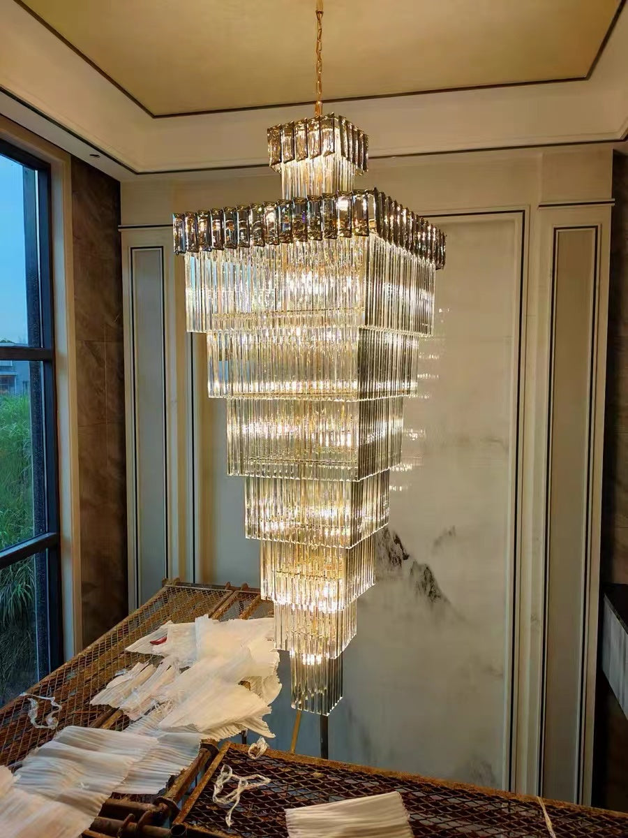 Extra Large Vertical Crystal Staircase Chandelier Foyer Ceiling Light Fixture in Gray/Amber Brim-MEET LIGHTING