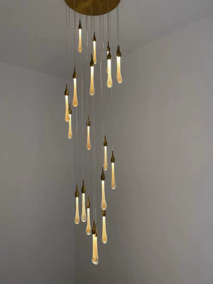 Foyer Glass Drops Pendant Chandelier Spiral Staircase High Ceiling Light Fixture In Gold Finish-MEET LIGHTING
