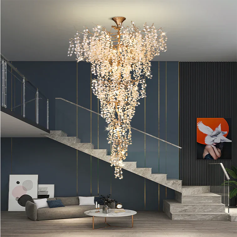 Modern Unique Artistic Flower Brass Branch Semi-flush Mount Chandelier for Living Room/ Hallway/ Entryway/ Staircase-MEET LIGHTING