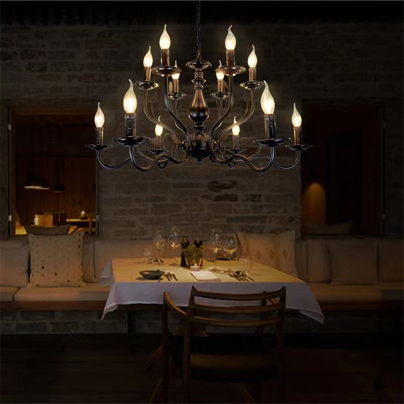 Multi Layer Iron Chandelier with Electronic Candles in Vintage Country Style for Living Room Cafe and Study-MEET LIGHTING