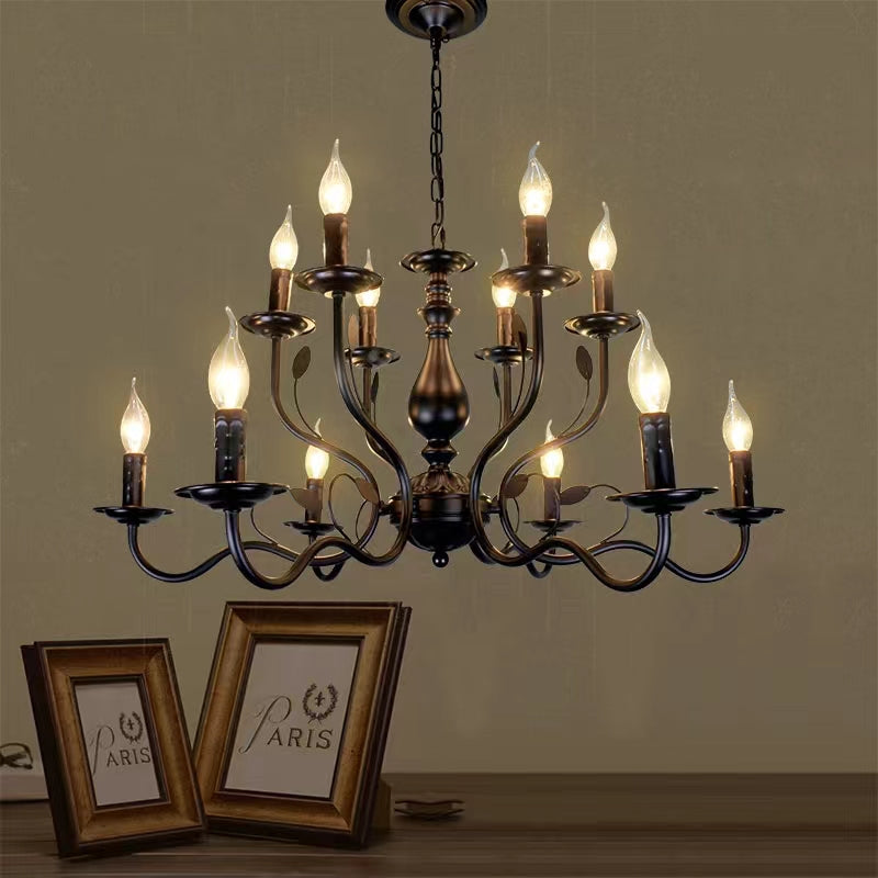 Multi Layer Iron Chandelier with Electronic Candles in Vintage Country Style for Living Room Cafe and Study-MEET LIGHTING