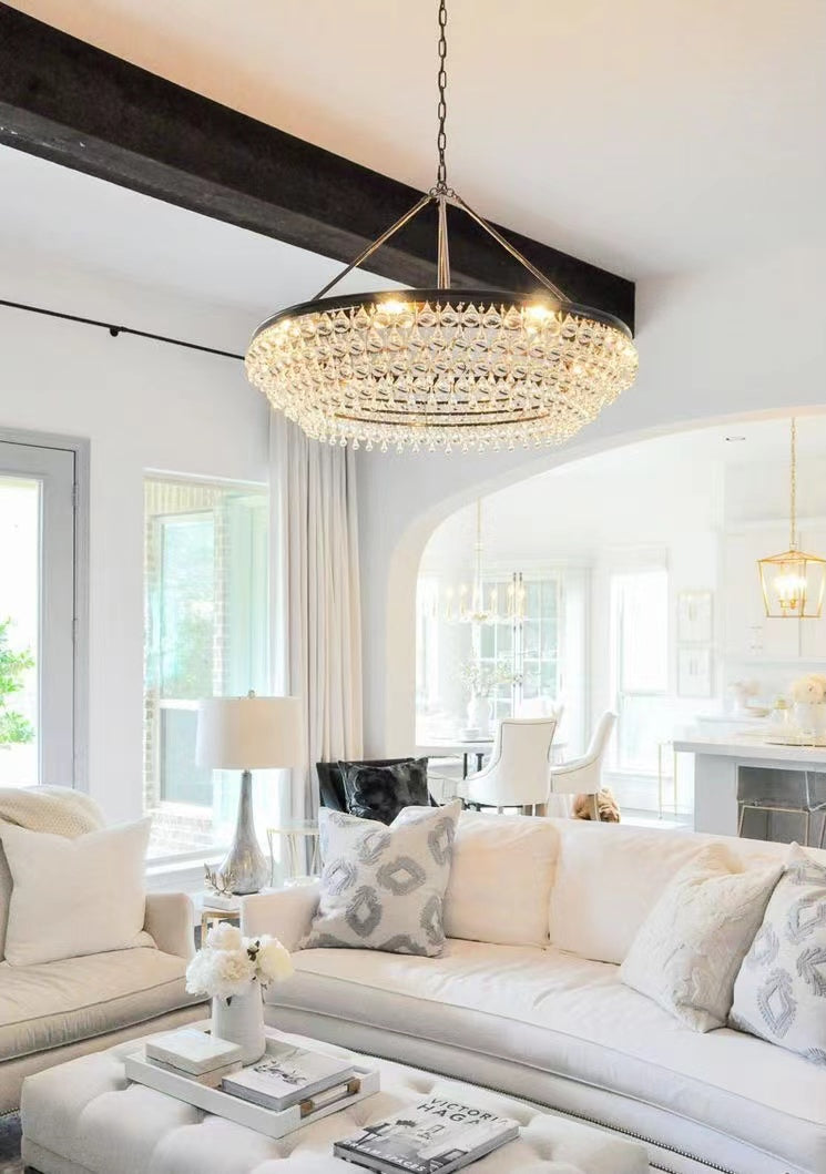 Black Finish Iron Semi Flush Mount Light Fixture Round Crystal Drops Ceiling Chandelier For Living Room-MEET LIGHTING