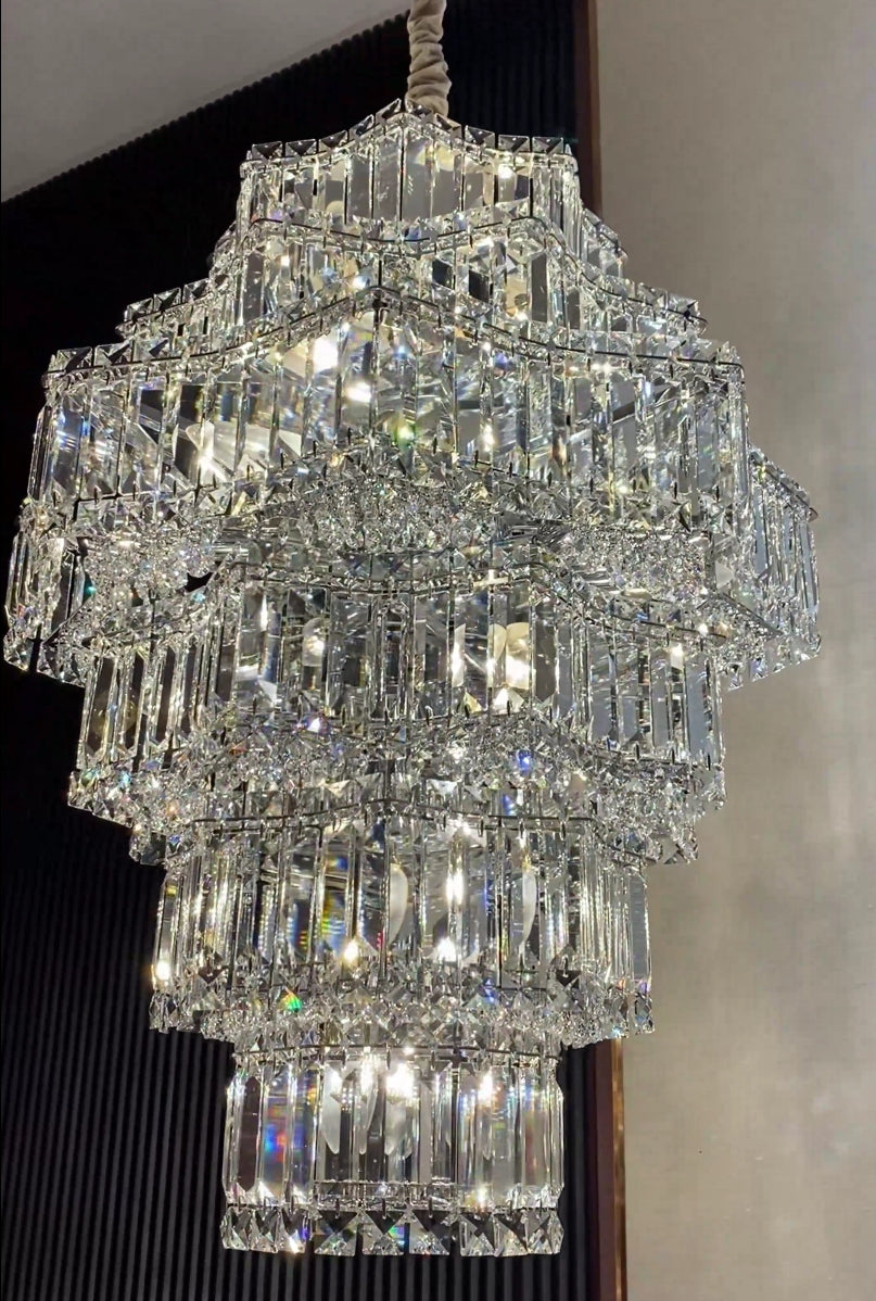 Extra Large Plaza Hall Multi-Tier Crystal Chandelier Foyer Living Room Staircase Ceiling Lighting Fixture In Chrome/ Silver Finish-MEET LIGHTING