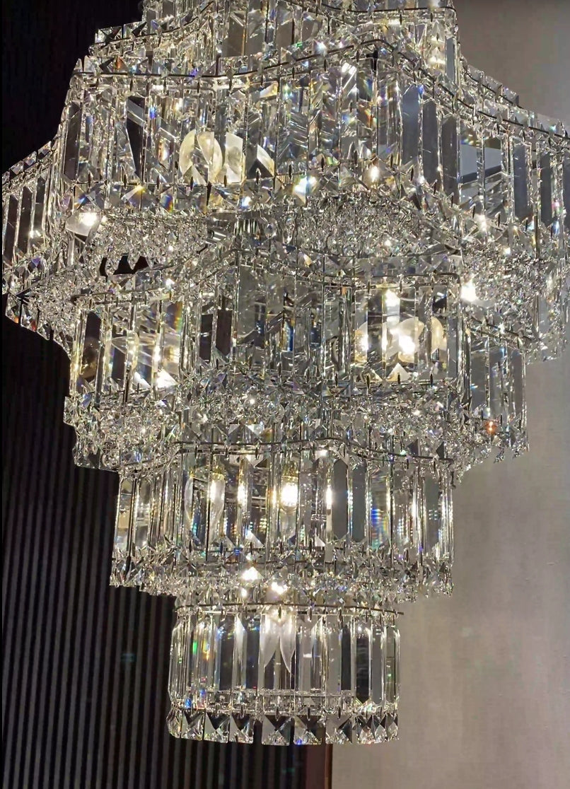 Extra Large Plaza Hall Multi-Tier Crystal Chandelier Foyer Living Room Staircase Ceiling Lighting Fixture In Chrome/ Silver Finish-MEET LIGHTING
