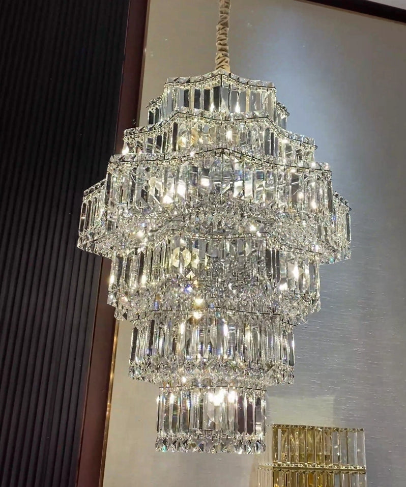 Extra Large Plaza Hall Multi-Tier Crystal Chandelier Foyer Living Room Staircase Ceiling Lighting Fixture In Chrome/ Silver Finish-MEET LIGHTING
