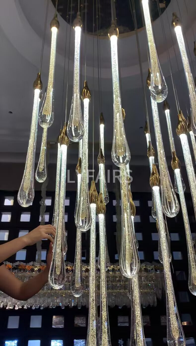 Foyer Glass Drops Pendant Chandelier Spiral Staircase High Ceiling Light Fixture In Gold Finish-MEET LIGHTING