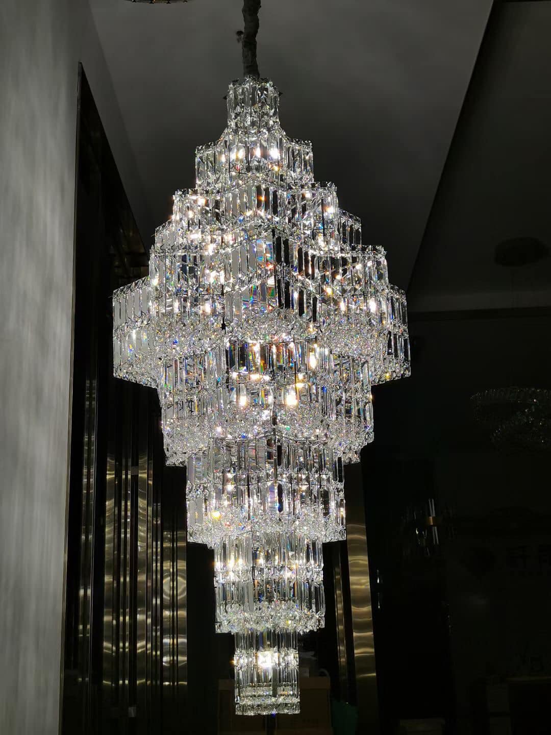 Extra Large Plaza Hall Multi-Tier Crystal Chandelier Foyer Living Room Staircase Ceiling Lighting Fixture In Chrome/ Silver Finish-MEET LIGHTING