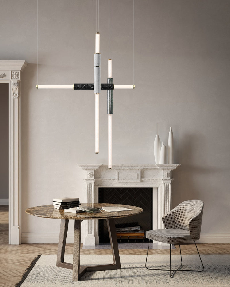 Slim Alabaster Linear Pipe Pendant Light - Silver, Green & Black - suspended vertically & horizontally