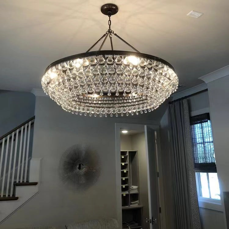 Black Finish Iron Semi Flush Mount Light Fixture Round Crystal Drops Ceiling Chandelier For Living Room-MEET LIGHTING