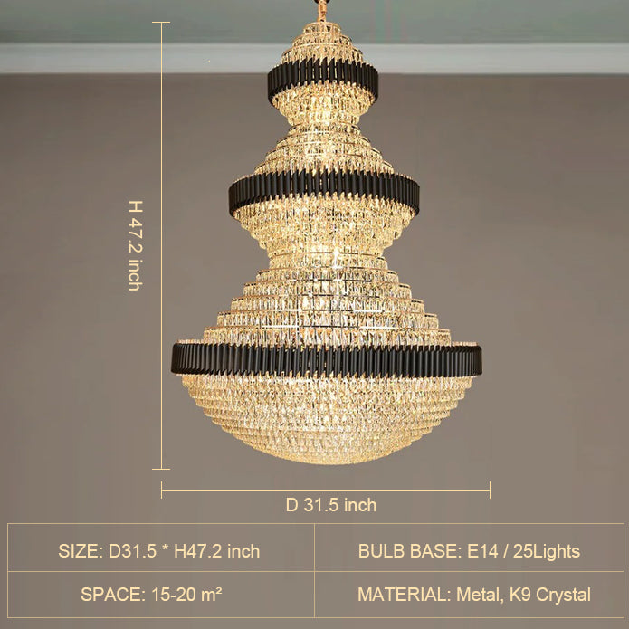 Golden Era Grand Fountain Crystal Chandelier with Black Tube for Staircase/Foyer/High-ceiling-MEET LIGHTING