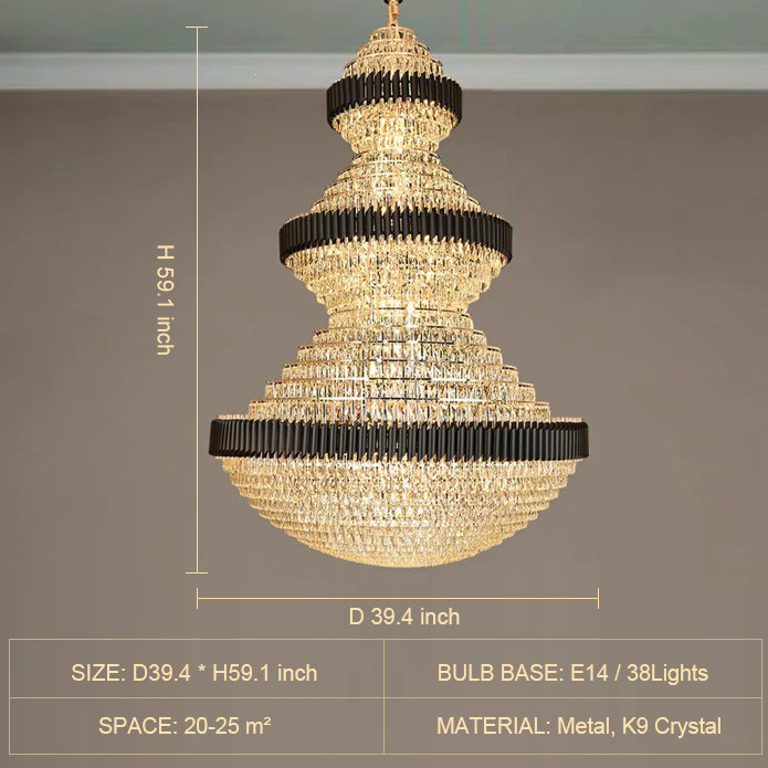 Golden Era Grand Fountain Crystal Chandelier with Black Tube for Staircase/Foyer/High-ceiling-MEET LIGHTING