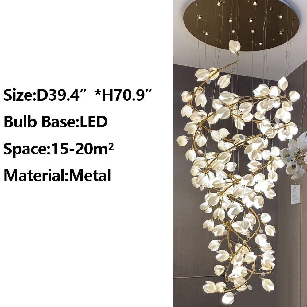 Spiral Pure White Magnolia Chandelier with Golden Branches for Staircase/High-ceiling Space/Foyer/ Duplex-MEET LIGHTING