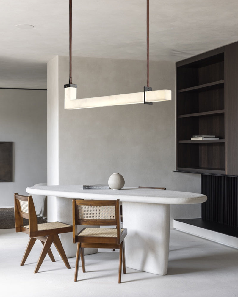 Up & Down Lighting LED Long Brown Leather Alabaster Linear Pendant Lights 39in 47in | Bronze