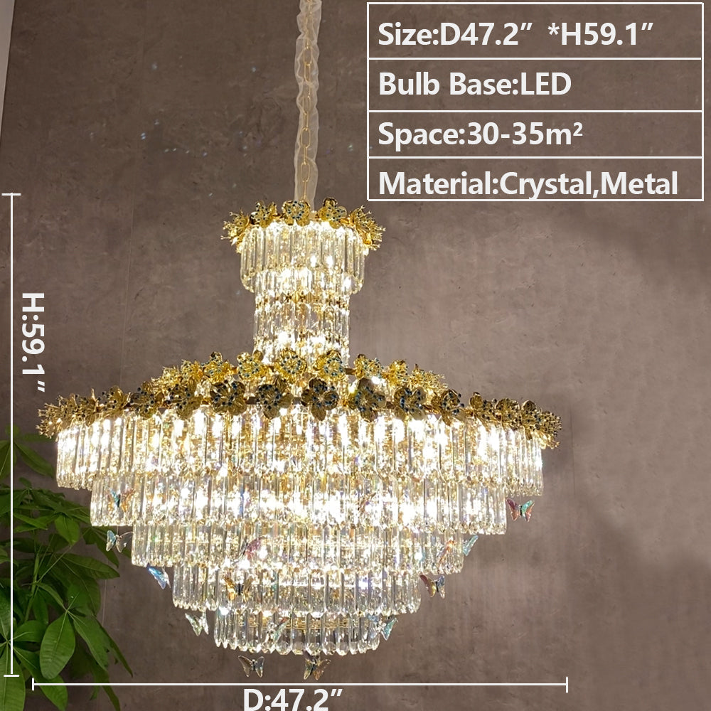 Modern Light Luxury Art Design Butterfly Multi-tiered Round Crystal Chandelier with Golden Flowers for Living Room/Staircase/Foyer-MEET LIGHTING