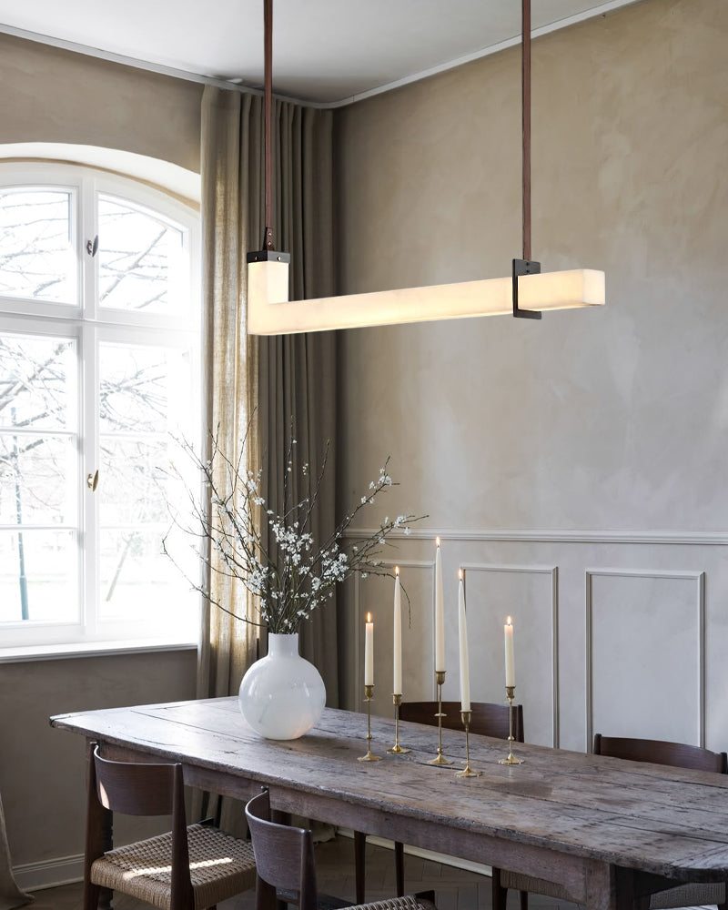 Up & Down Lighting LED Long Brown Leather Alabaster Linear Pendant Lights 39in 47in | Bronze