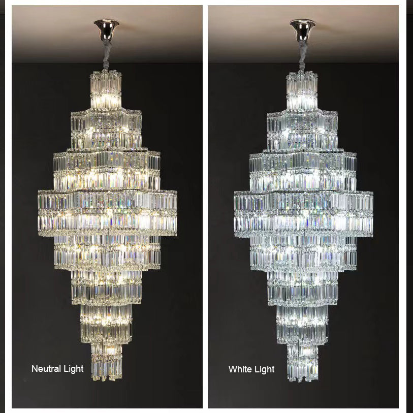 Extra Large Plaza Hall Multi-Tier Crystal Chandelier Foyer Living Room Staircase Ceiling Lighting Fixture In Chrome/ Silver Finish-MEET LIGHTING