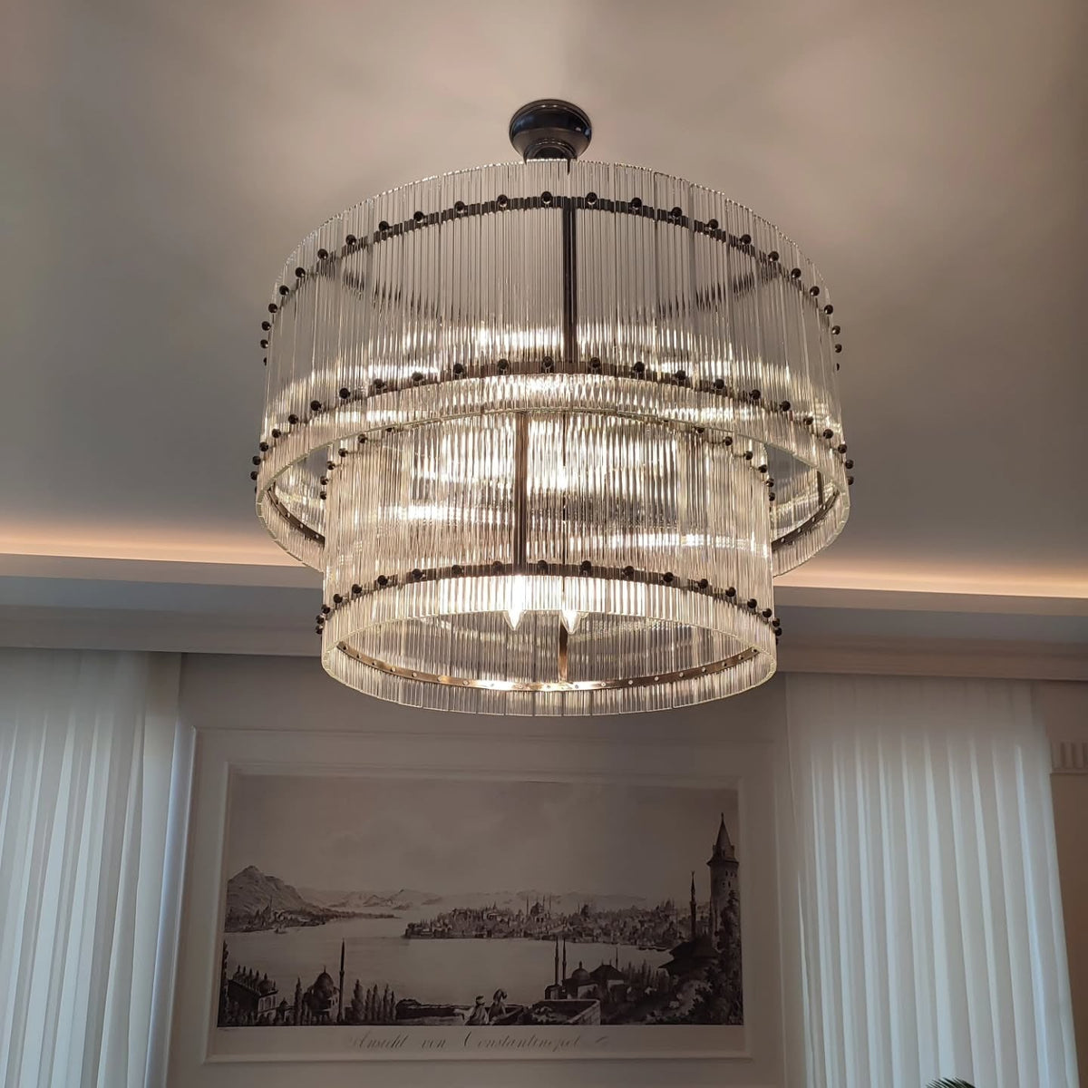 Santa 37 Inch Ribbed Glass Two-Tier Chandelier