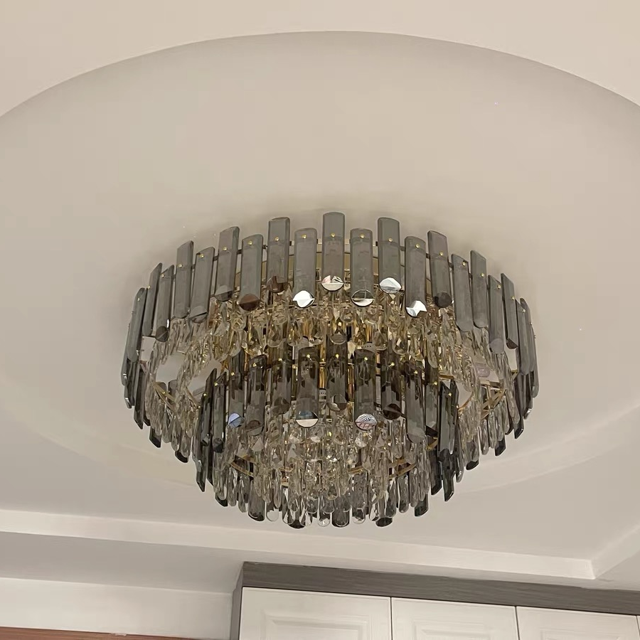 Smoke Gray Crystal Chandelier Flush Mounted Ceiling Light Fitxture Set for Dining Room/Living Room-MEET LIGHTING