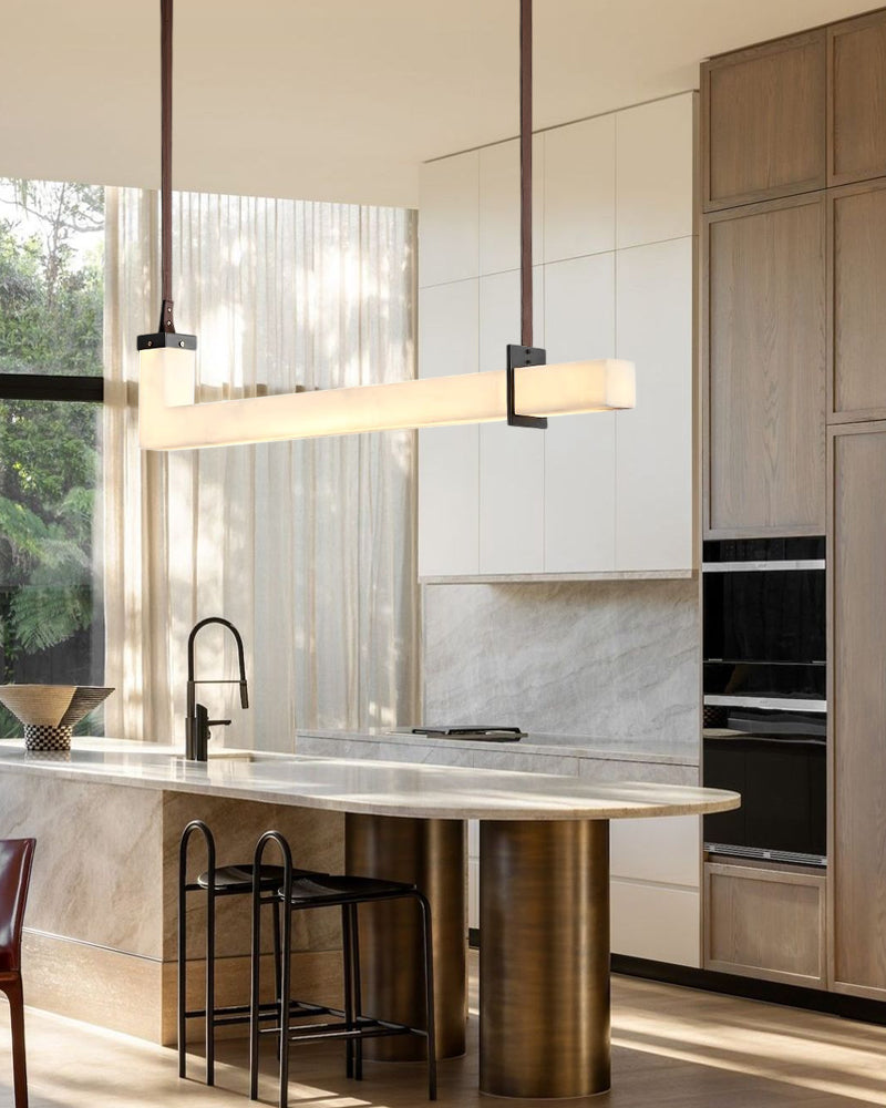 Up & Down Lighting LED Long Brown Leather Alabaster Linear Pendant Lights 39in 47in | Bronze