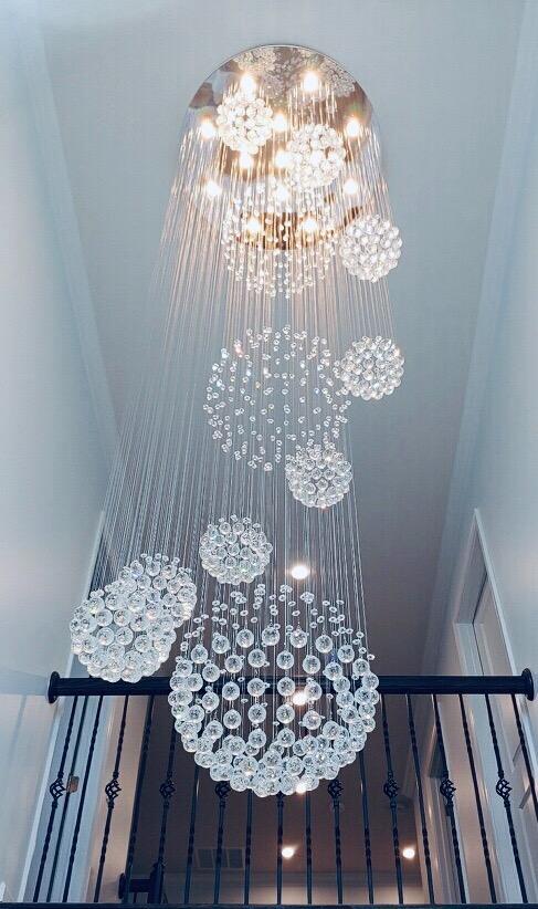 Stately Duplex Crystal Chandelier Spiral Raindrop Globe Shape Ceiling Hanging Light for Entryway/Staircase-MEET LIGHTING