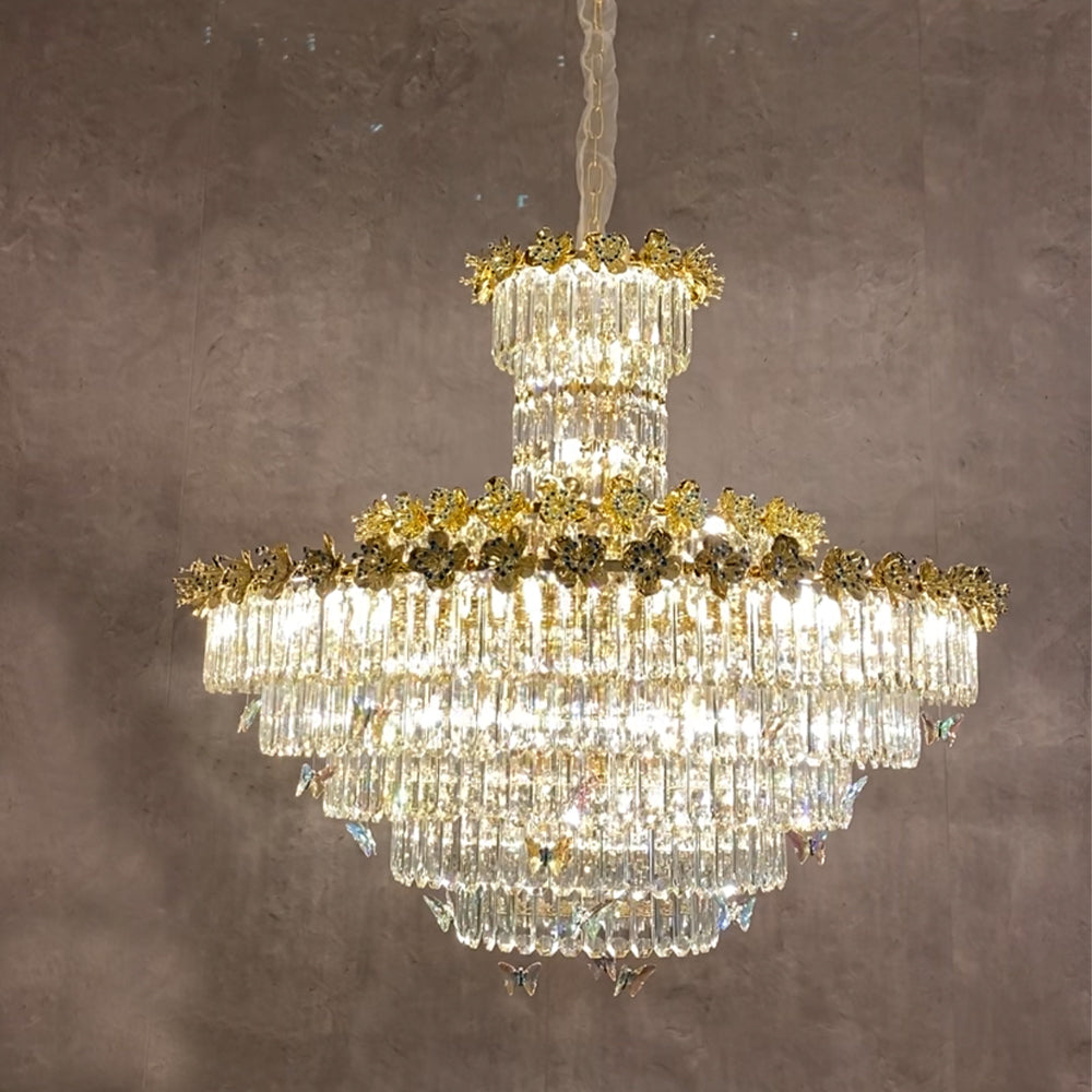 Modern Light Luxury Art Design Butterfly Multi-tiered Round Crystal Chandelier with Golden Flowers for Living Room/Staircase/Foyer-MEET LIGHTING