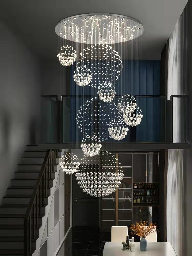 Stately Duplex Crystal Chandelier Spiral Raindrop Globe Shape Ceiling Hanging Light for Entryway/Staircase-MEET LIGHTING