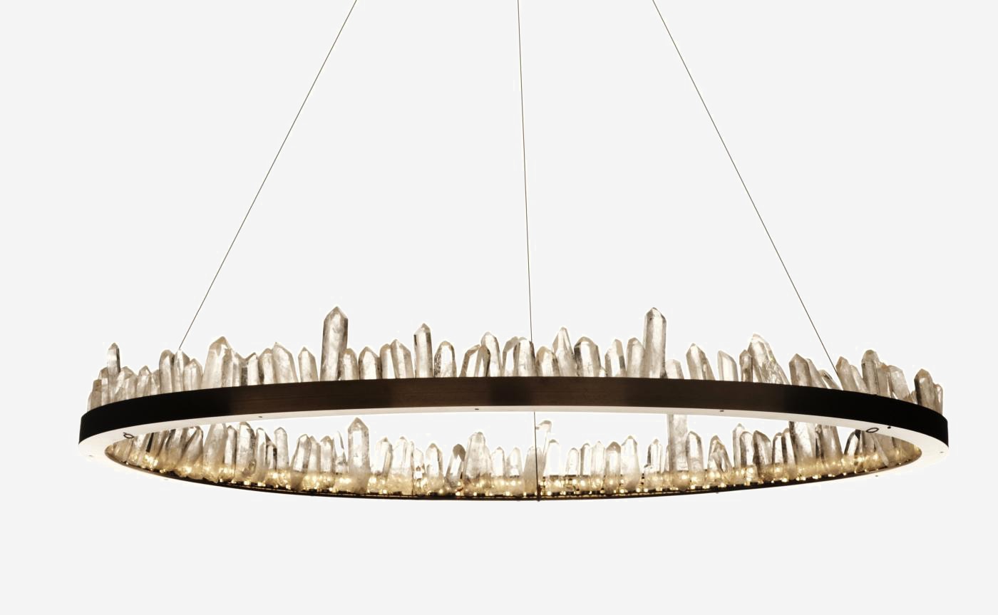36 Inch Round Modern Chandelier Brass & Clear Geode Quartz Crystal Hanging Light by Meetlighting