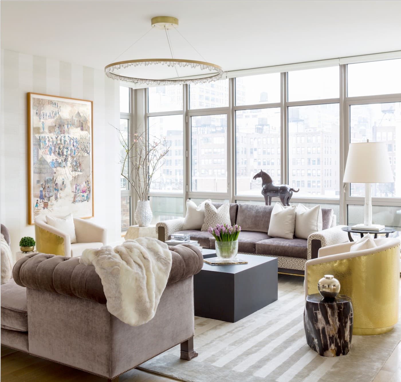 36 Inch Round Modern Chandelier Brass & Clear Geode Quartz Crystal Hanging Light by Meetlighting