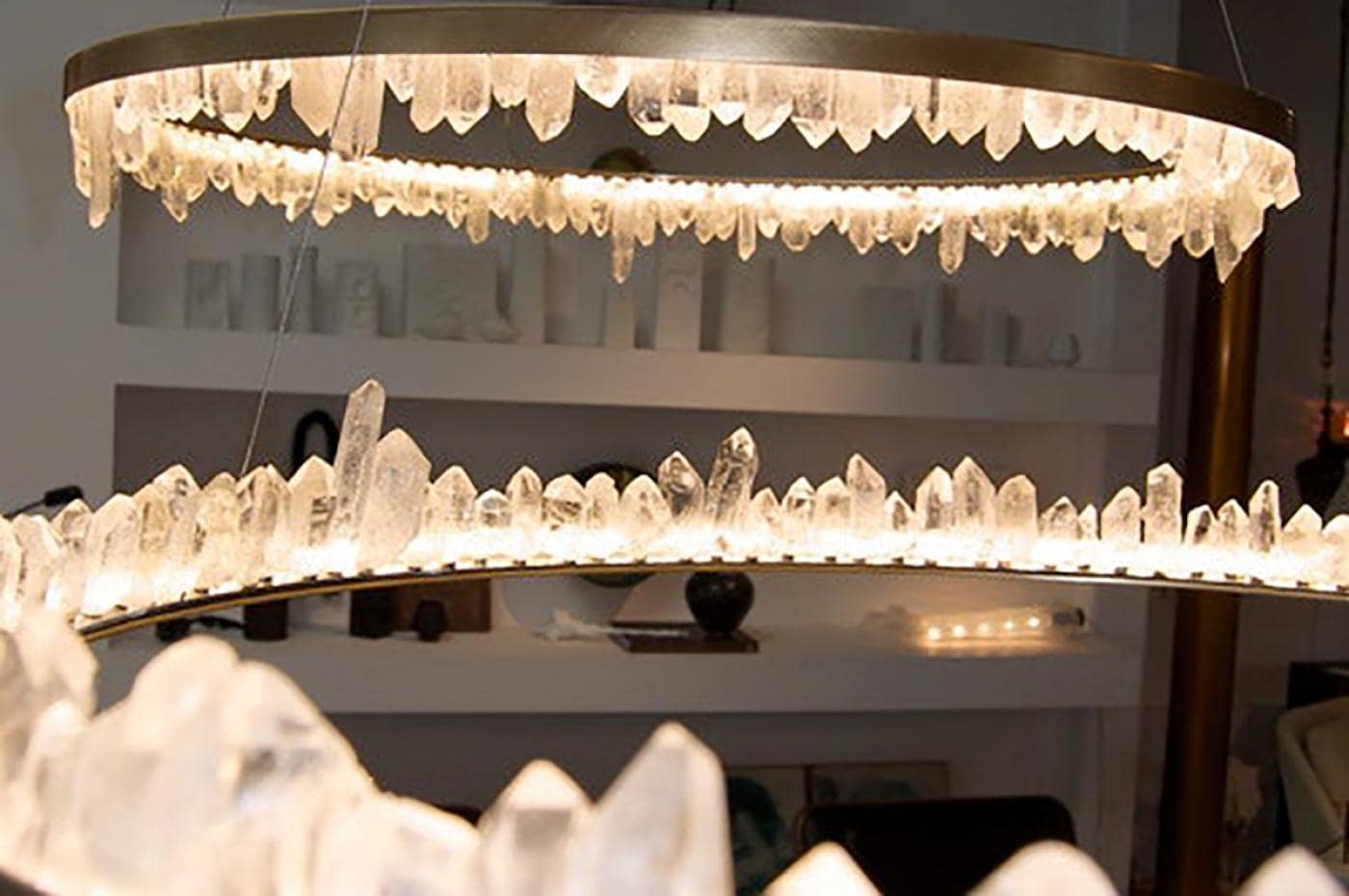 36 Inch Round Modern Chandelier Brass & Clear Geode Quartz Crystal Hanging Light by Meetlighting