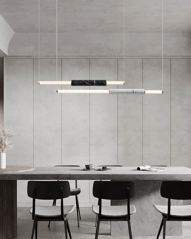 Slim Alabaster Linear Pipe Pendant Light - Silver, Green & Black - suspended vertically & horizontally