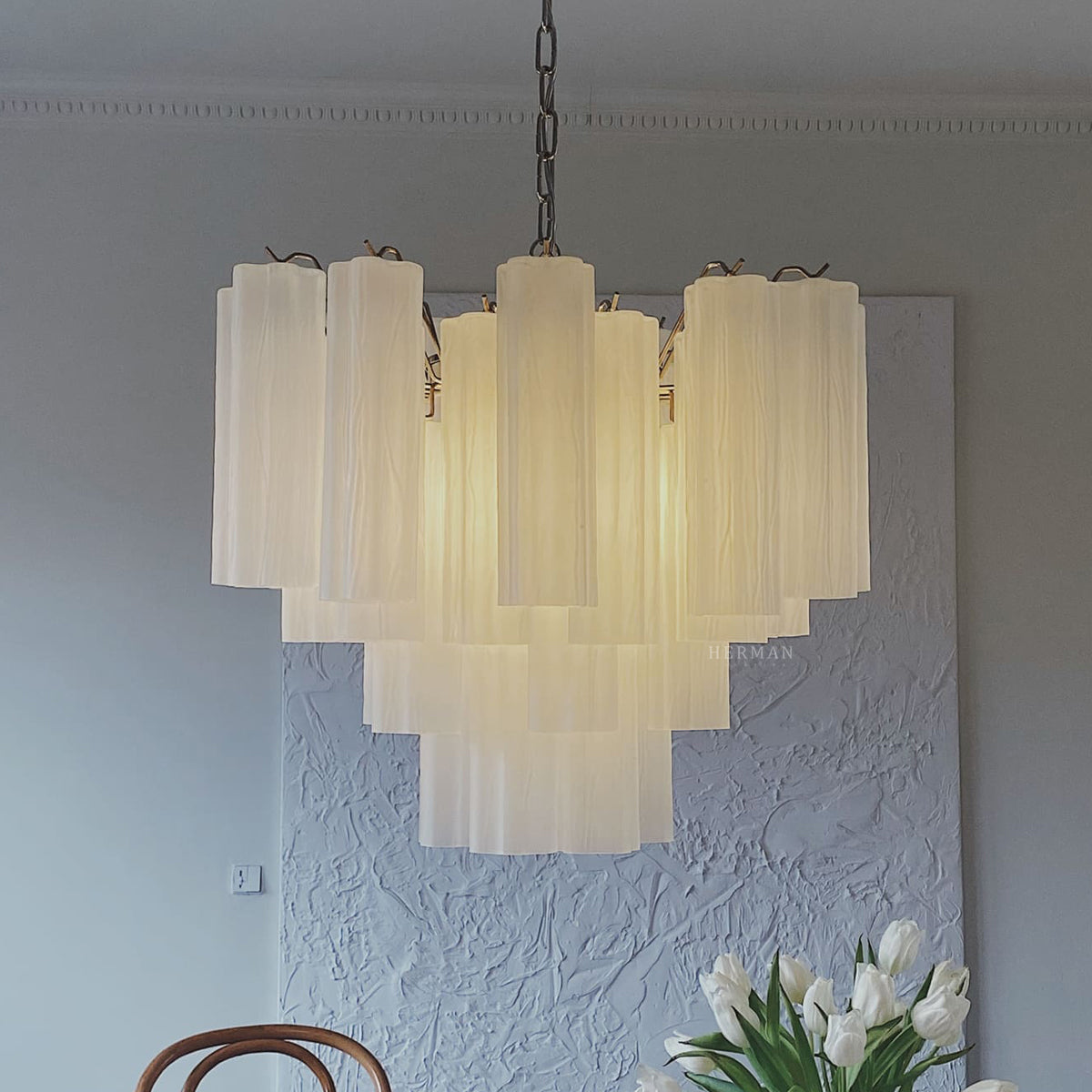 Matte White 36-Tube Murano Glass Chandelier