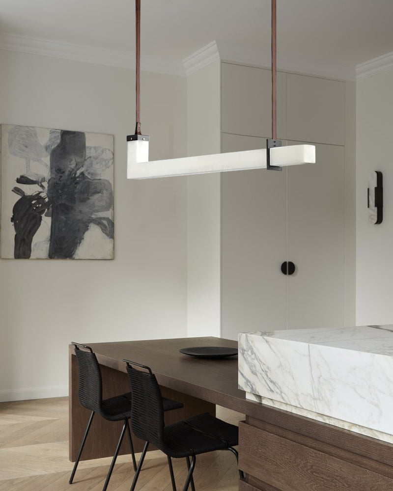 Up & Down Lighting LED Long Brown Leather Alabaster Linear Pendant Lights 39in 47in | Bronze