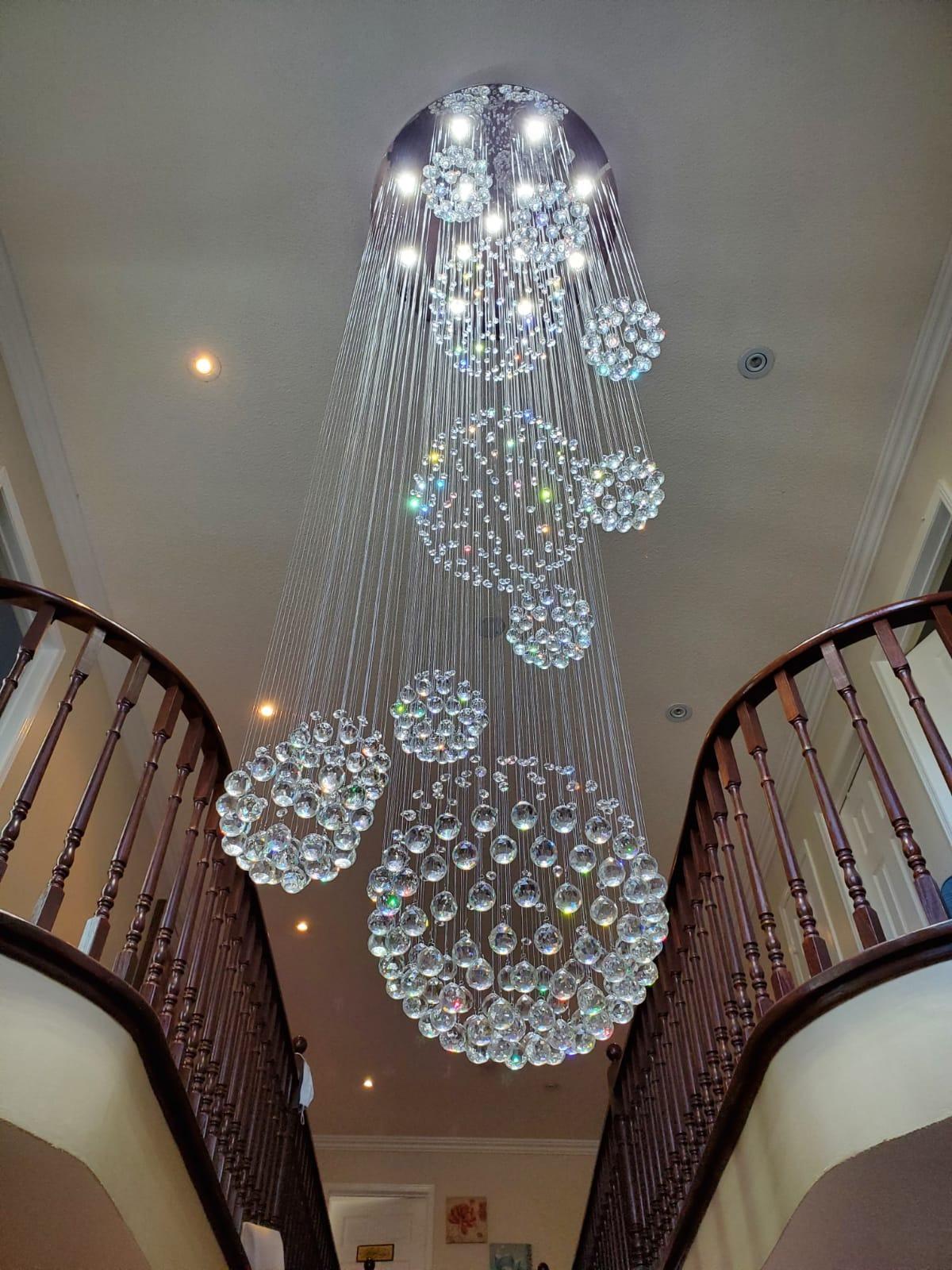 Stately Duplex Crystal Chandelier Spiral Raindrop Globe Shape Ceiling Hanging Light for Entryway/Staircase-MEET LIGHTING