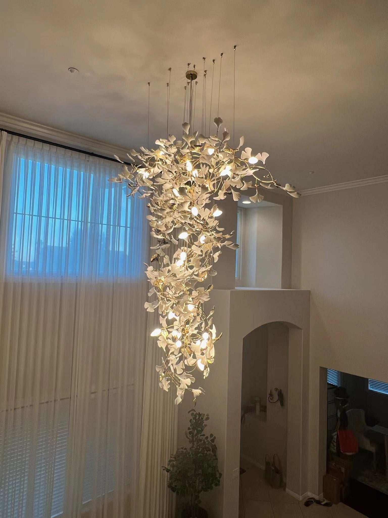 Ceramics Ginkgo Leaves Twig Chandelier Tree Branch Shaped Pendant Light For High Ceiling Living Room Hotel Hall-MEET LIGHTING