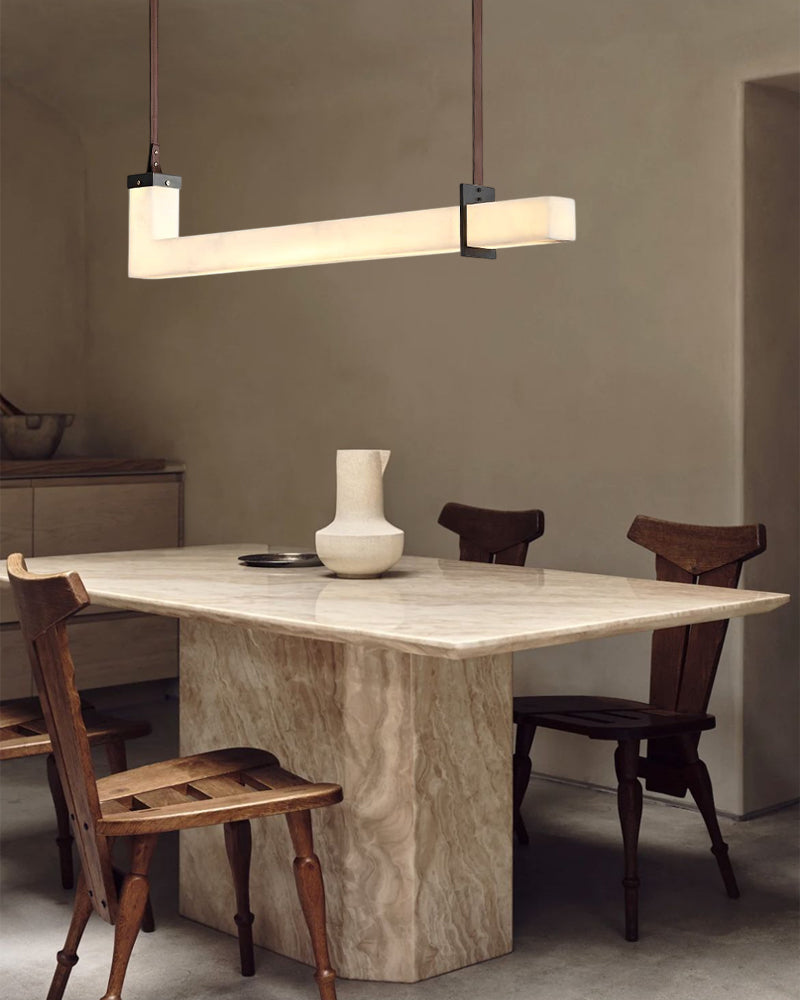 Up & Down Lighting LED Long Brown Leather Alabaster Linear Pendant Lights 39in 47in | Bronze