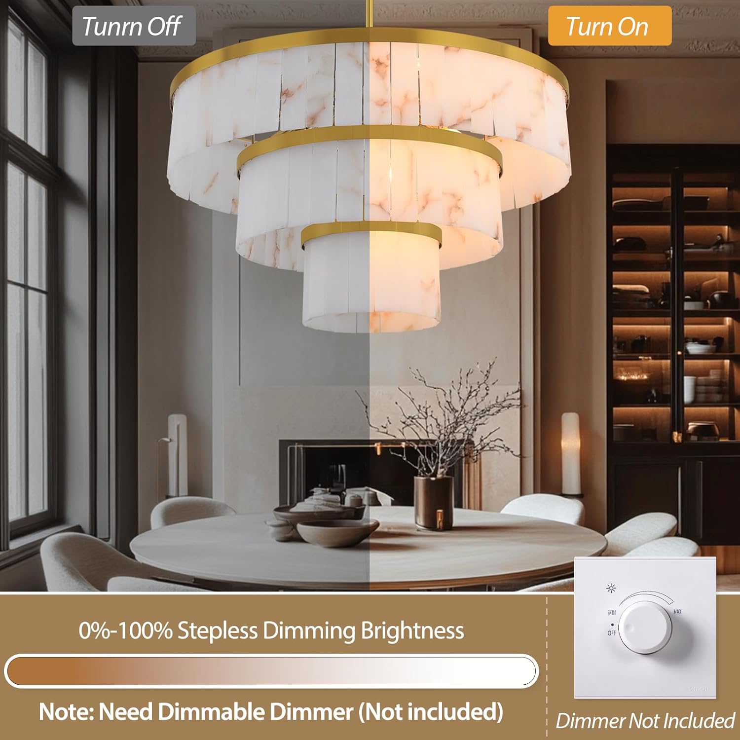 Modern 3-Tier Round Alabaster Chandelier-Gold 34"D by Meetlighting