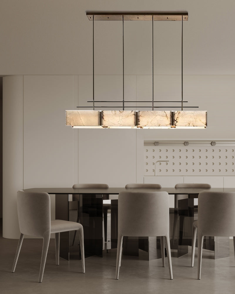 Vintage Alabaster & Gold Long Chandelier 48“60”71" with Metal Rod