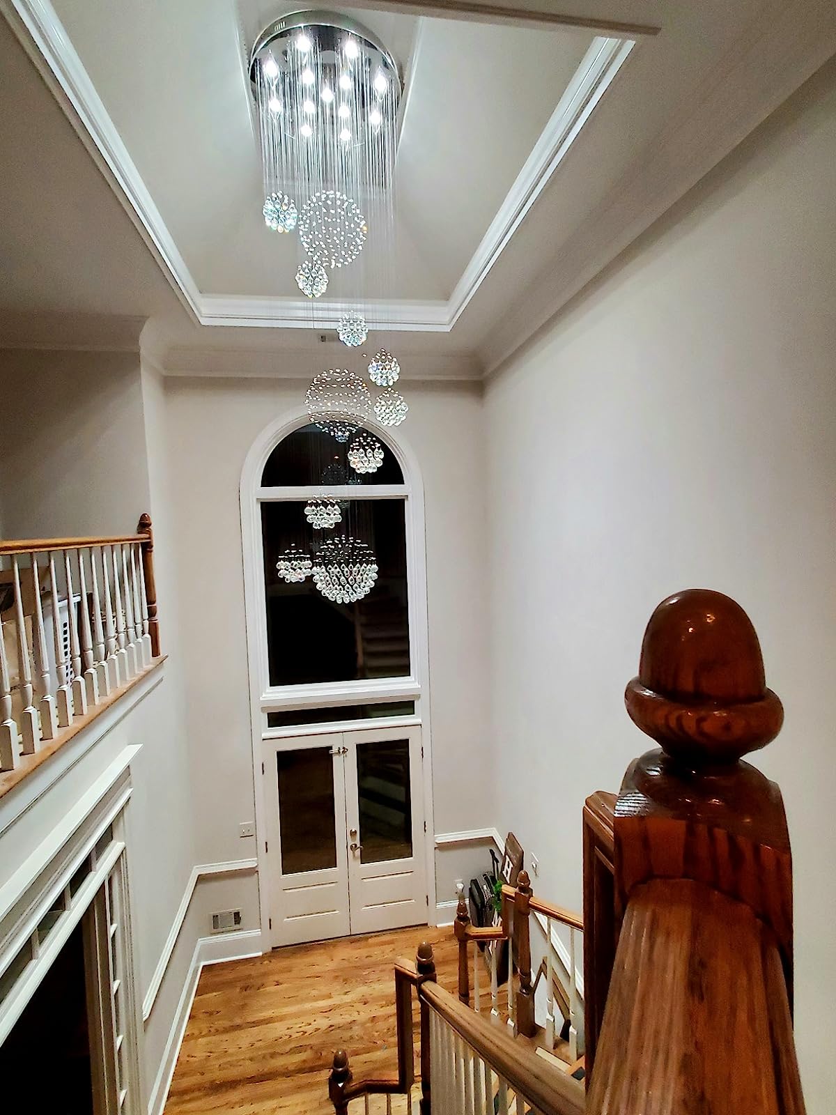 Stately Duplex Crystal Chandelier Spiral Raindrop Globe Shape Ceiling Hanging Light for Entryway/Staircase-MEET LIGHTING