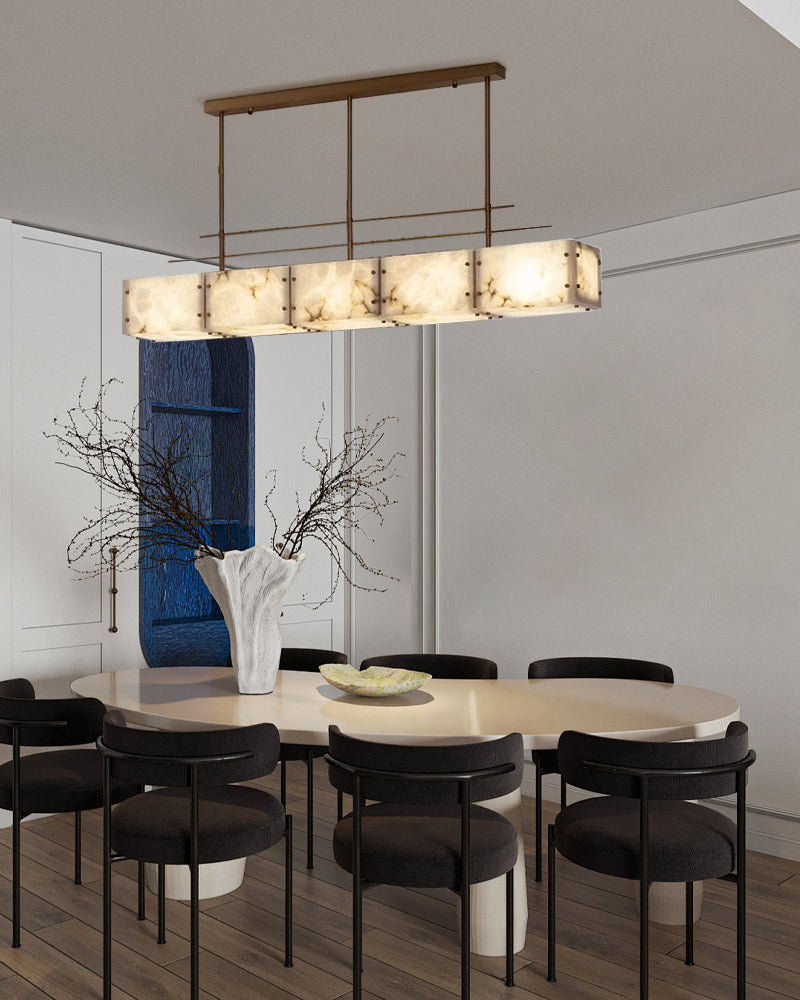 Vintage Alabaster & Gold Long Chandelier 48“60”71" with Metal Rod