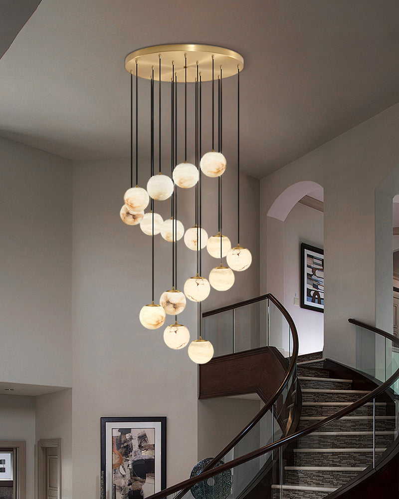 16-light round alabaster pendant lamp with cluster ceiling design for stair villa