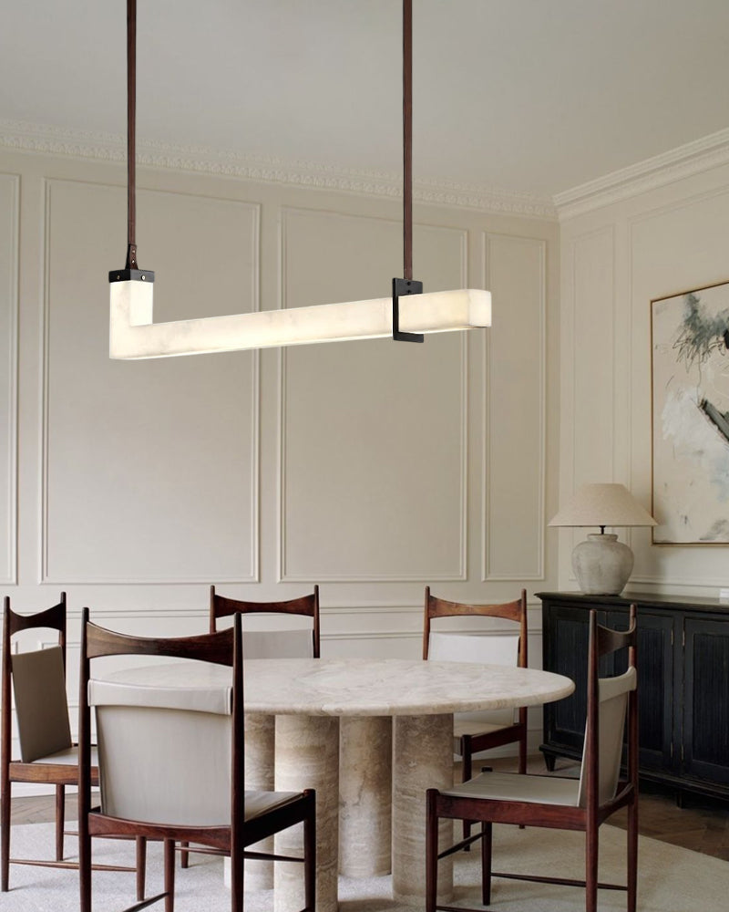 Up & Down Lighting LED Long Brown Leather Alabaster Linear Pendant Lights 39in 47in | Bronze